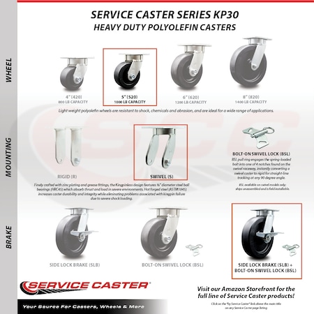 Service Caster 5 Inch Kingpinless Polyolefin Wheel Swivel Caster with Brake and Swivel Lock SCC SCC-KP30S520-POR-SLB-BSL